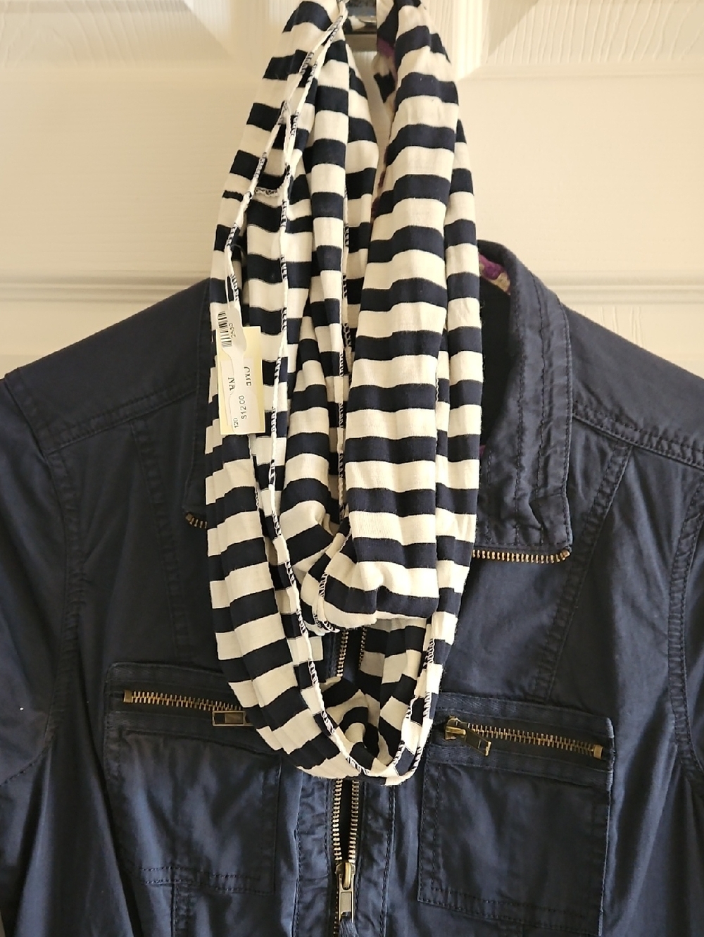 Striped Infinity Scarf - Navy and White